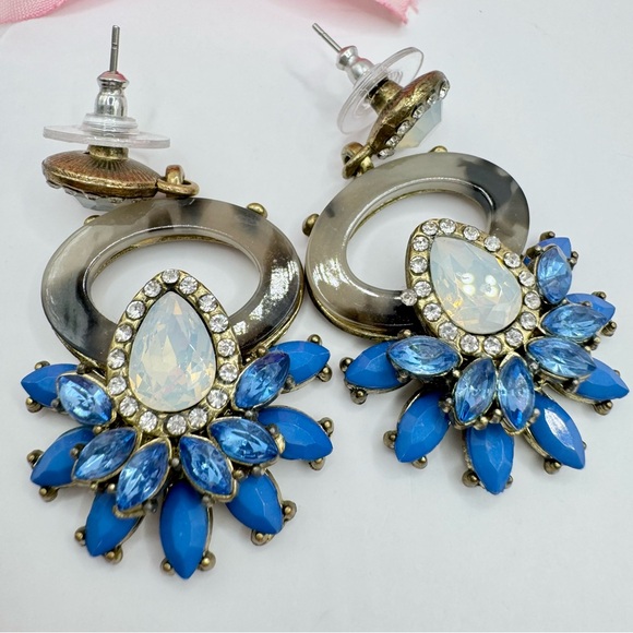 Rhinestone Cluster Drop Earrings Dimensional Blue White Tortoiseshell Regency - Picture 3 of 9